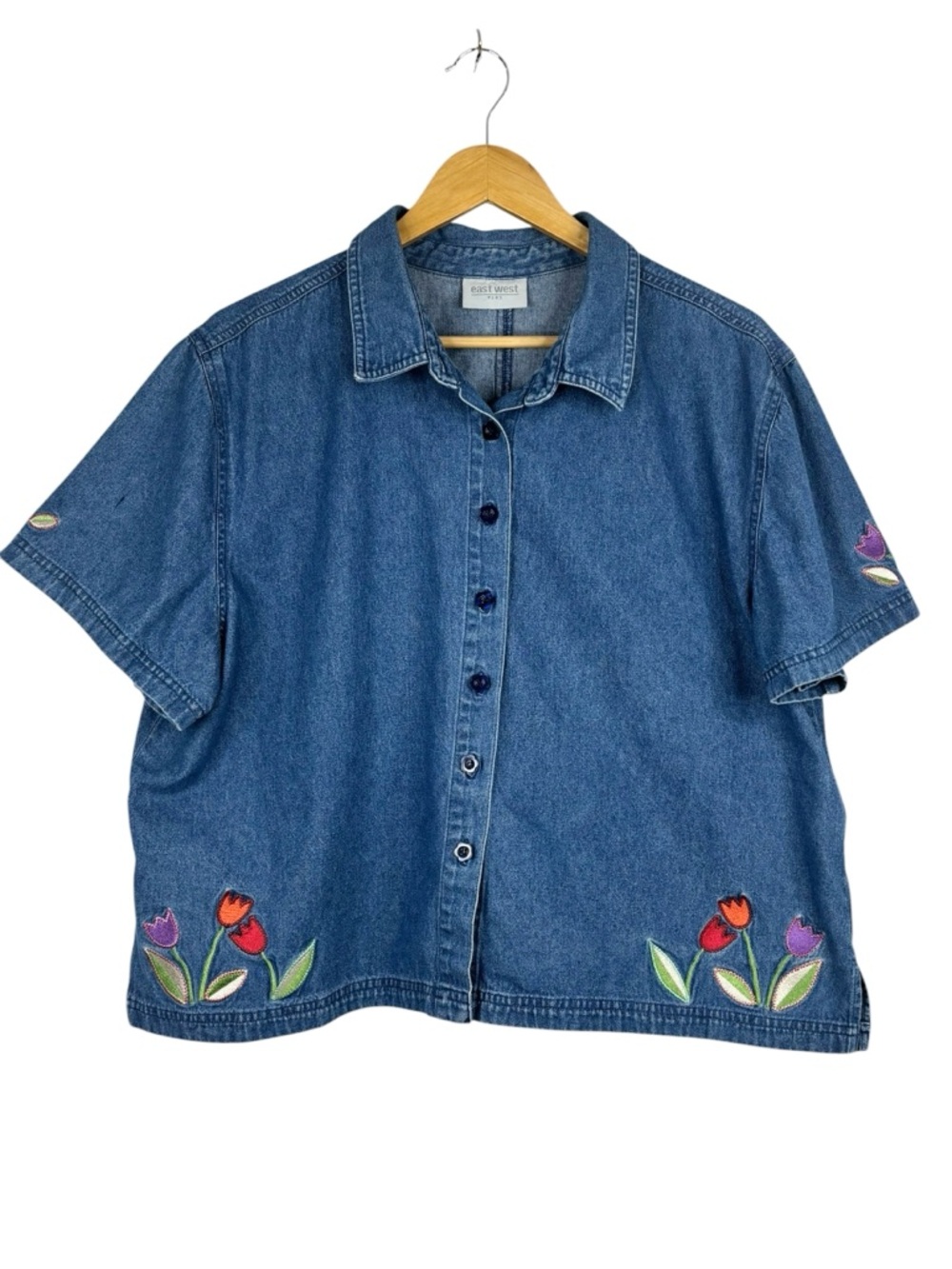 East West Embroidered Tulip Pattern Short Sleeve Flower Button Denim Shirt 1X
